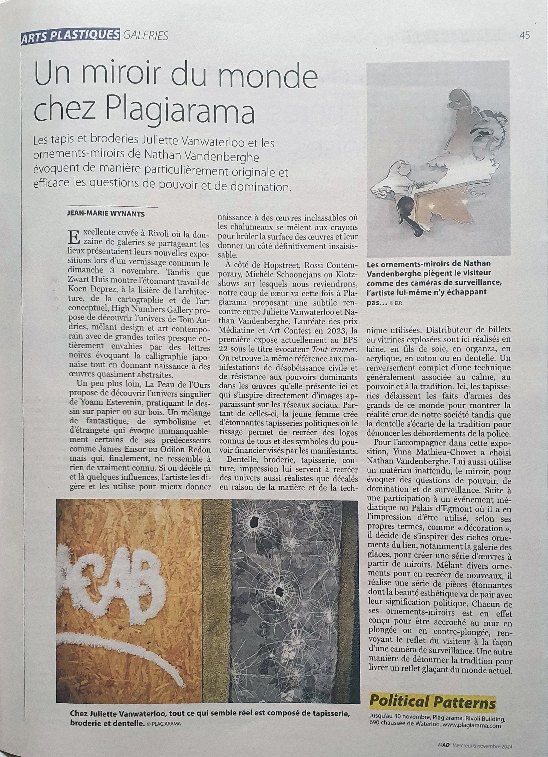 Article de presse dans Le Soir du 5/11/2024 par Jean-Marie Wynants